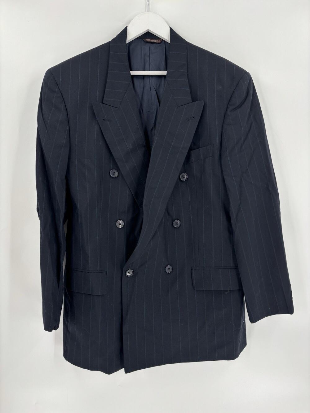 Vintage Hugo Boss Suit Jacket Mens 42R Blue Striped Wool Al Capone Sport Coat